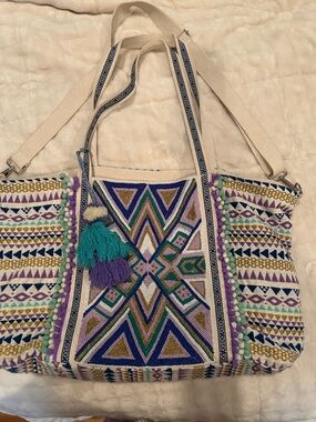 America & Beyond Bohemian Embroidered Tote Bag in Cream, Purple & Teal